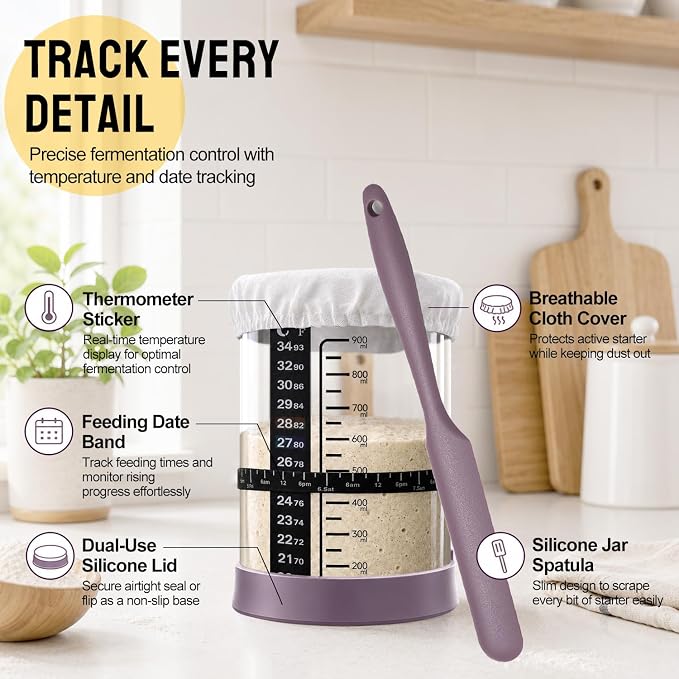 Sourdough Starter Kit, 9" Proofing Basket with 30oz Jar & Purple Lid | 9" Wood Pulp Banneton Bread Basket Reduces Sticking, 30oz Glass Jar with Lid Keeps Fresh, For Home Baking, Beginners & Pros