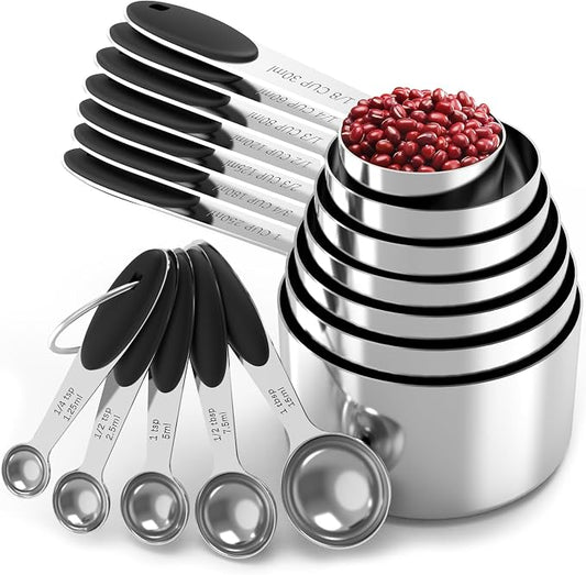 TILUCK Stainless Steel Measuring Cups and Spoons Set with Silicone Handle – Nesting Design for Space-Saving, Heavy Duty & Dishwasher Safe for Dry/Liquid Ingredients, Cooking & Baking (12)