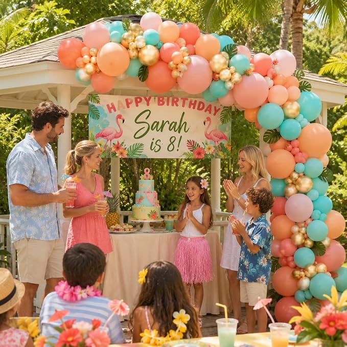 Tropical Balloon Arch Kit, 149 PCS Hawaiian Luau Balloons Garland Pink Teal Orange Coral Metallic Gold Latex Balloons for Flamingo Summer Aloha Beach Pool Baby Shower Birthday Party Decorations