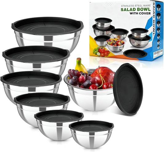 Stainless Steel Mixing Bowls with Lids Set, 7 Pcs Nesting Design Metal Mixing Bowls Salad Bowl for Mixing, Prepping and Serving Food(Size4.5-0.7QT)