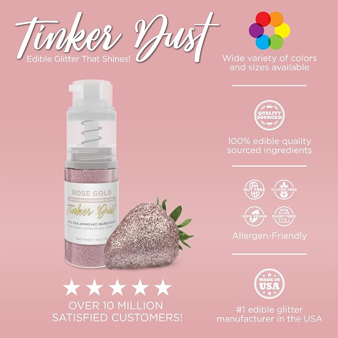 Bakell - Rose Gold Tinker Dust (4g, 1x Mini Spray Pump) Edible Glitter for Food, Desserts, and Baked goods!