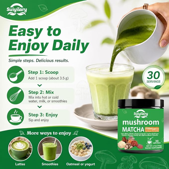 Suiyilary 10 Mushroom Matcha Powder with Lion's Mane, Reishi, Mushroom Polysaccharides & More, Japanese Ceremonial Matcha for Focus, Energy, Immunity Boost, Memory - 30 Serving