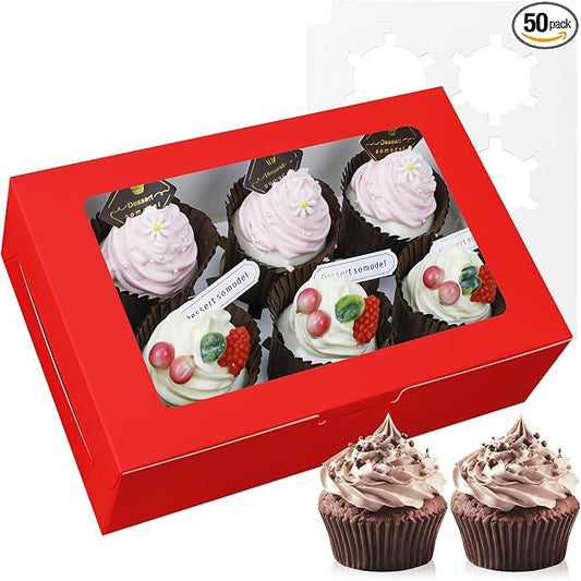 50-Set Cupcake Boxes Bulk with Clear Display Window Hold 6 Standard Cupcakes, Disposable Food Grade Red Cupcake Carrier Cupcake Container, Perfect for Cupcakes Muffins Cookies Pastries