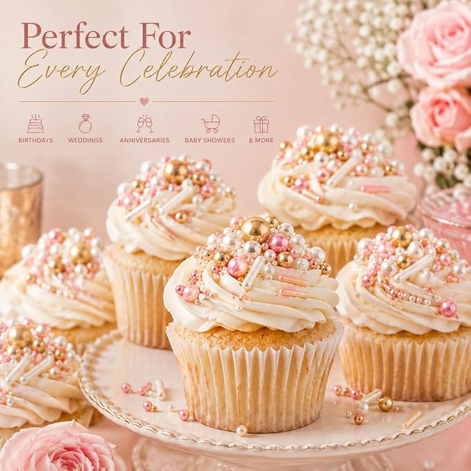 Confect Pink, White & Gold Pearl Cake Sprinkles Mix – Decorative Edible Baking Confetti for Cakes, Cupcakes & Desserts | Vegan, Gluten-Free, Nut-Free, Soy-Free, Dairy-Free, Palm Oil-Free- 4.2 Oz