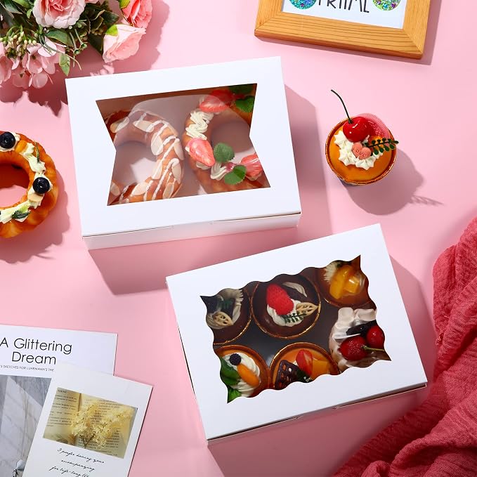 TaoBary 100 Pcs 8 Inch Bakery Boxes 8 x 6 x 2.5 Inch Cookie Pastry Boxes with 2 Style Window for Cookie Treat Chocolate Strawberries Cupcakes Candy Muffins(White)