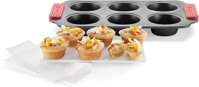 Lékué Non-Stick 6 Hole Muffin Mold - Carbon Steel Oven Baking Pan with Platinum Silicone Handles, Even Heat, Dual Non-Stick Ceramic Coating, Scratch Resistant, PFOA & PFA-Free, 12.2 x 7.1 x 1.5"