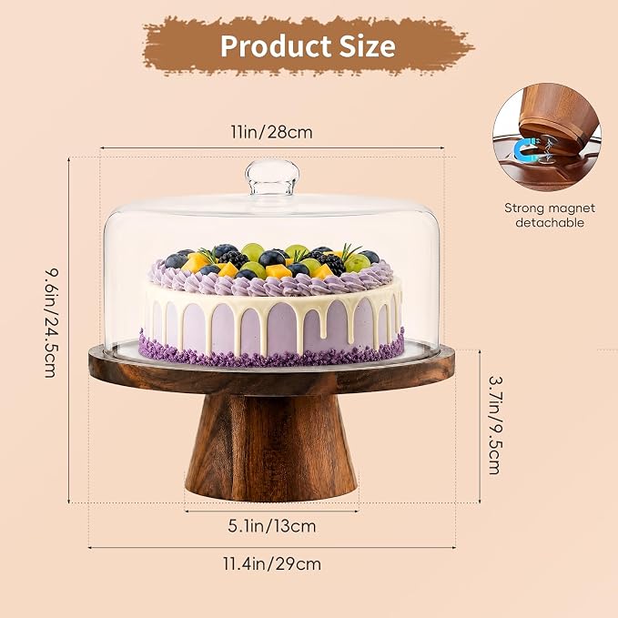 Acacia Wood Cake Stand with Lid - 12 Inch Magnetic Detachable Cake Stand with Dome, Shatterproof Acrylic Cover, Versatile Cake Holder & Charcuterie Board for Parties, Dessert Table Display