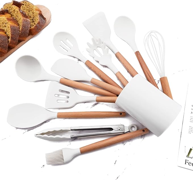 12pcs Wooden Handle Silicone Kitchen Utensils Set, Non-Stick Silicone Cooking Utensils, White Spatula Set, Turner Spoon, Brush Whisk, Gadgets Tools for Cookware Baking