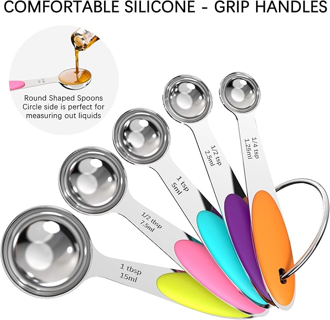 TILUCK Nesting Measuring Cups and Spoons Set, Stainless Steel with Soft Silicone Handle – Heavy Duty & Dishwasher Safe for Measuring Dry/Liquid Ingredients, Ideal for Cooking & Baking (12)