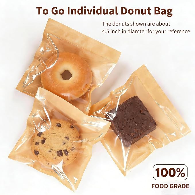 Cookie Bags with Window for Bakery, 100 Pack 7.1x7.5" Heat Seal Cookie Packaging Sleeves with Seal Sticker, Paper Treat Bag for Individual Bake Sale, Home Baked Brownie, Sandwich, Bread