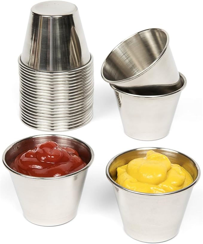 Nechtik Small Sauce Cups, Stainless Steel Ramekin Dipping Sauce Cup, Commercial Grade Individual Round Condiment cups (24 of 2.5 oz.)