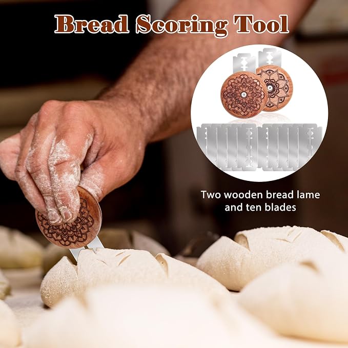 14 PCs Wooden Bread Lame Cutting Set, Scoring Tool for Sourdough Bread, Including 2 Sourdough Blade, 2 Leather Protective Covers, 10 Blades