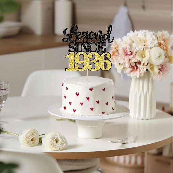 1 PCS Legend Since 1936 Cake Topper Black Gold Glitter Ninety Happy 90th Birthday Cake Pick Cheers to 90 Years Birthday Cake Decoration for 90th Birthday Anniversary Party Decorations Supplies