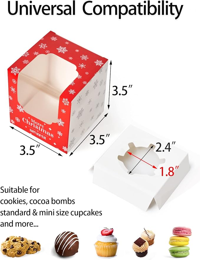 Happyhiram Christmas Cupcake Boxes 50 Pcs, Individual Cupcake Box Red and White with Christmas Trees insert and Window for Holiday Muffin Containers Single for Ornament Cocoa Bombs Packaging