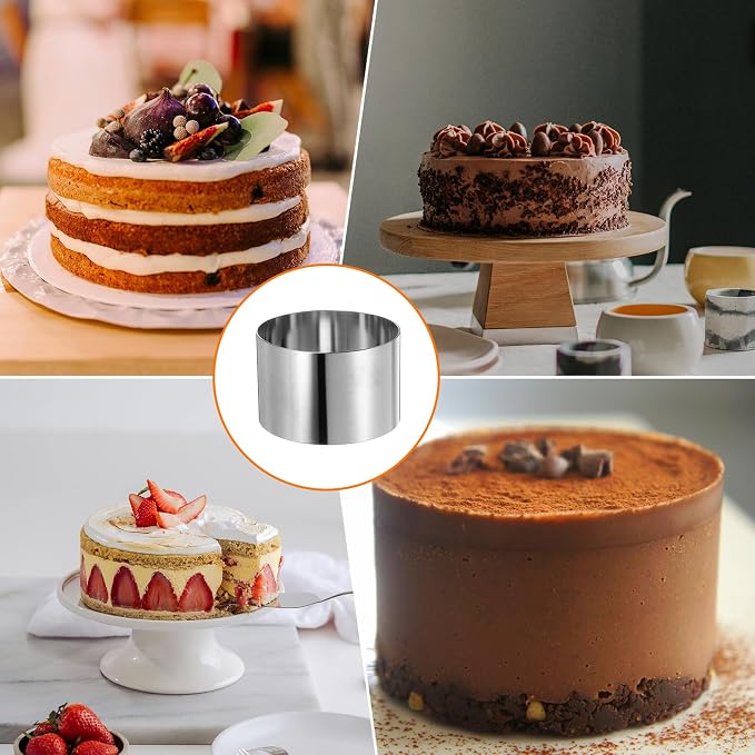 HARFINGTON 2PCS Round Cake Ring 3 x 2 Inch Seamless Stainless Steel Pastry Mousse Dessert Ring Mirror Coating for Baking Cooking Making Tool