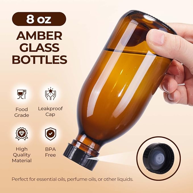 24 Pack 8 OZ Amber Glass Bottles with Lids, Leakproof Glass Bottles for Vanilla extract, Shampoo, Tinctures, Essential Oils, Homemade Hot Sauce, Syrup, Boston Round Brown Bottle