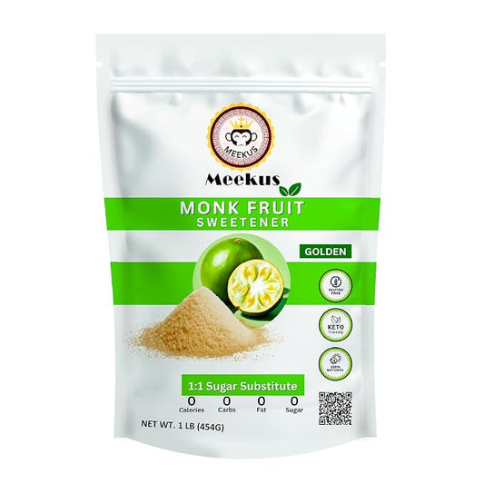 Meekus Natural Monk Fruit Sweetener w/Erythritol - Classic Monkfruit Extract Powder,Zero Calorie Sugar Substitute,Keto Diet Friendly for Baking,Coffee,Tea,Vegan Sugar Replacement,Gluten Free,Golden