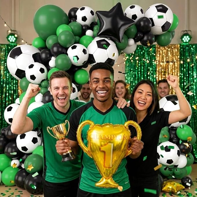 Soccer Balloons Garland Arch Kit 150Pcs - Black and White Dark Green Balloon and Trophy 18 inch Soccer Foil Balloons for 2026 World Football Sports Theme Birthday Anniversary Party Decoration