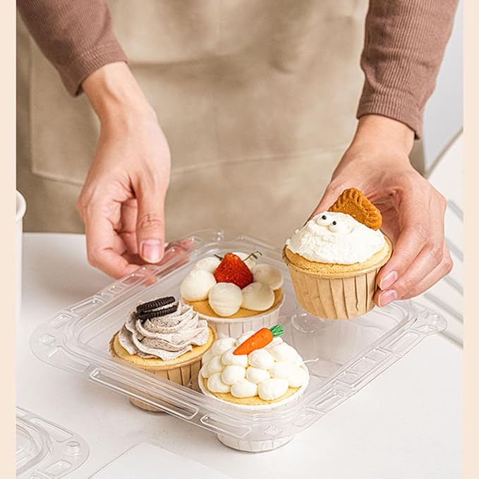 4-Cavity Clear Cupcake Containers,Cupcake Carton With Handle(60pc) | 4-Compartment Cupcake Containers With Handle, TClear Plastic Cupcake Cartons With Lid, Cake Rack For Cake Shops And Bakeries