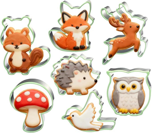 LUBTOSMN 7 Piece Forest Animal Cookie Cutters Set with Silicone Protective Rim, Stainless Steel Woodland Cookie Cutters for Cookies, Fondant, Sandwiches, Biscuits, Pancakes and Forest Party Baking