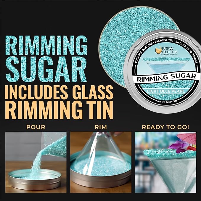 Brew Glitter - Light Blue Rimming Sugar (4oz, 1x Bar Tin) Cocktail Garnish for Mixed Drinks & Refreshments