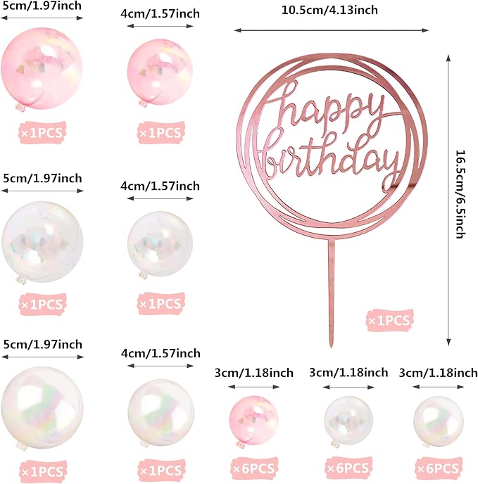Colorful Ball Cake Topper Mini Balloon Cupcake Topper DIY Foam Ball Artificial Dried Flower Cake Insert Decoration for Wedding Anniversary Baby Shower Birthday Party Supplies (Clear White Pink)