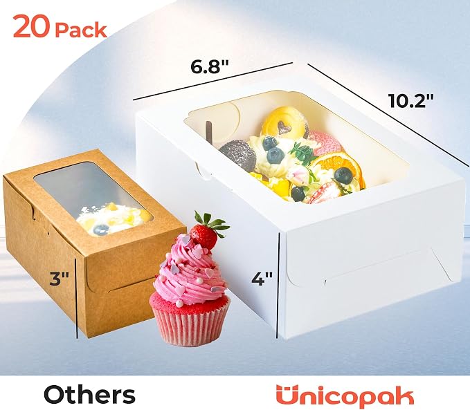 UnicoPak 20 Pack White Cupcake Boxes with Handle Tray - 4" Tall Large Muffin Boxes for 6 Cupcakes - Professional Food-Grade Cardboard Window Boxes for High Frosting, Toppers & Jumbo Treats