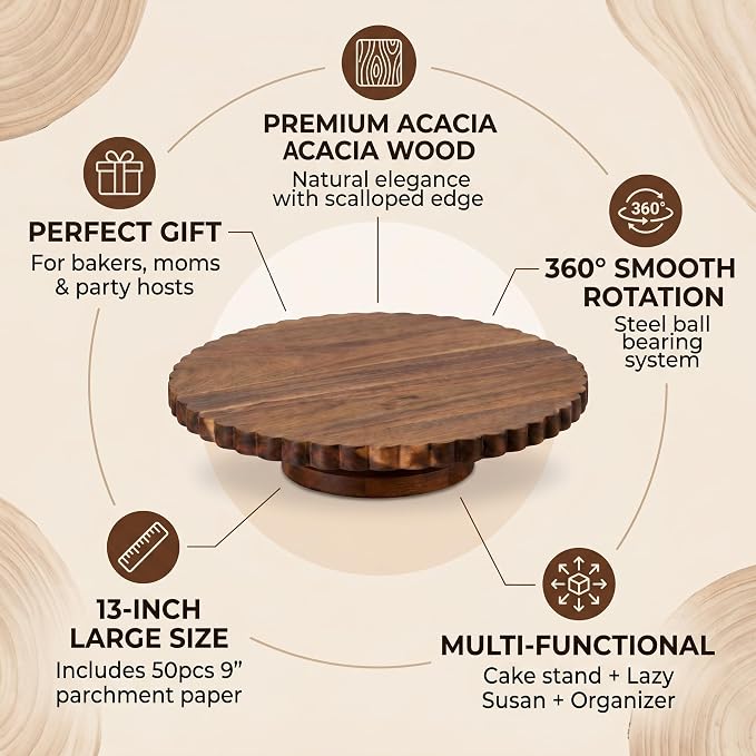 13"Scalloped Acacia Wood Cake Turntable Rotating Cake Stand with Lazy Susan | cake turntable for decorating,cake spinner,scalloped rotating cake stand,lazy susan organizer for cabinet