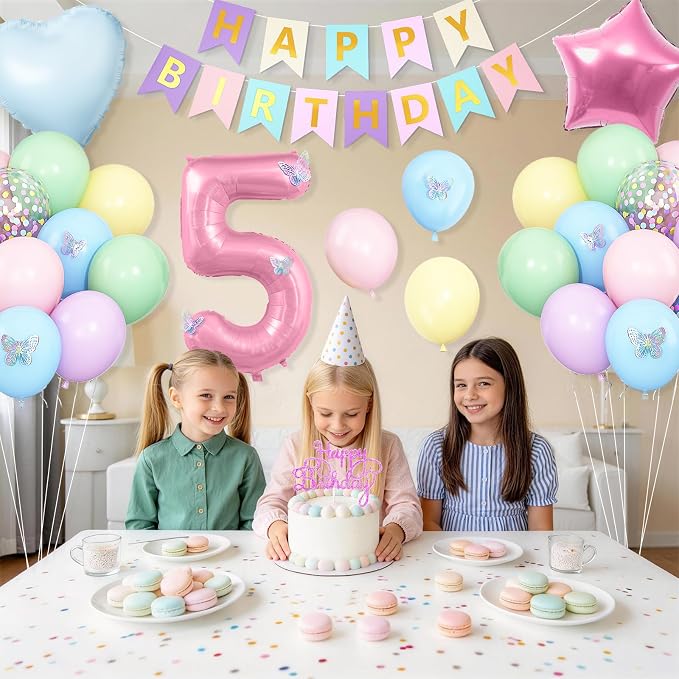 5th Pastel Birthday Party Decorations for Girls Number 5 Balloon Happy Birthday Banner Butterfly Stickers Star Heart Foil Balloons for 5 Year Old Easter Party Decor