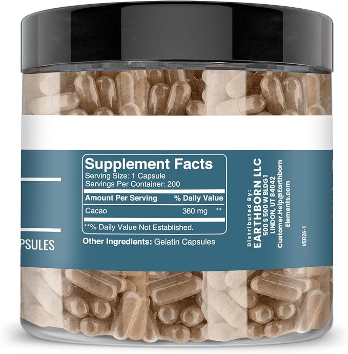 Earthborn Elements Cacao (Cocoa) 200 Capsules, Pure & Undiluted, No Additives