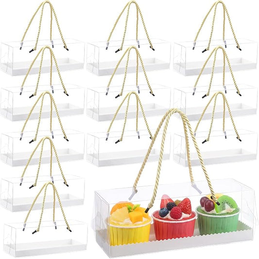 Eaasty 30 Pcs 9 x 3 x 3 Inch Clear Cupcake Boxes with Handles Portable Gable Boxes Paperboard Plastic Rectangular Cupcake Containers Dessert Cookies Bakery Gift Containers for Christmas Party