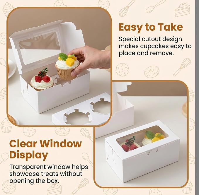 8 Pack White 2-Cavity Cupcake Boxes with Clear Window, 6.3 x 3.54 x 2.95 in Paper Treat Boxes with Inserts, 2-Cupcake Holders for Muffins, Cookies, Mini Cakes, Bakery Gifts and Parties