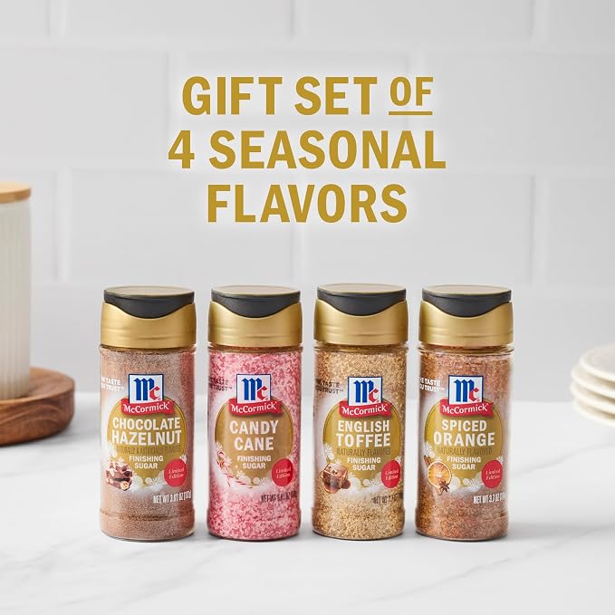 McCormick Finishing Sugar Variety Pack, Limited Edition, Includes Seasonal Winter Flavors Like Chocolate Hazelnut, Candy Cane, English Toffee, and Spiced Orange, For Baking & Beverages, 14.82 oz