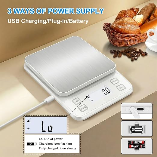 22lb Rechargeable Stainless Steel Scale, Diyife Large Kitchen Food Scale with 0.1g/0.001oz High Precision, LCD Display, 10 Unit, Waterproof IPX67, Washable, Hangable, for Baking, Cooking, White