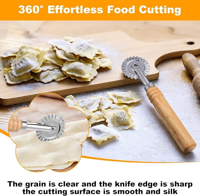 2 PCS Pasta Cutter Wheel, Pastry and Pasta Cutter Wheel Pastry Ravioli Wheel Cutter With Long Wooden Handle for Ravioli Pasta Dumplings Lasagna Pierogi