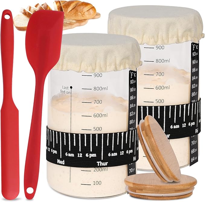 Xileanalee Pro Sourdough Starter Jar Kit 2 Packs-35 Oz Sourdough Bread Starter Jar Kit with Date Marked Feeding Band,Thermometer,Spatula,Cloth Cover& Lid for Sour Dough Bread Loaf (2 Pcs)