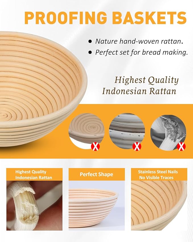 Banneton Bread Proofing Basket, Proofing Basket for Sourdough Bread Baking, Indonesian Rattan Bread Bowl Sourdough Bread Baking Supplies with Linen Liner (9" Round + 10" Oval)