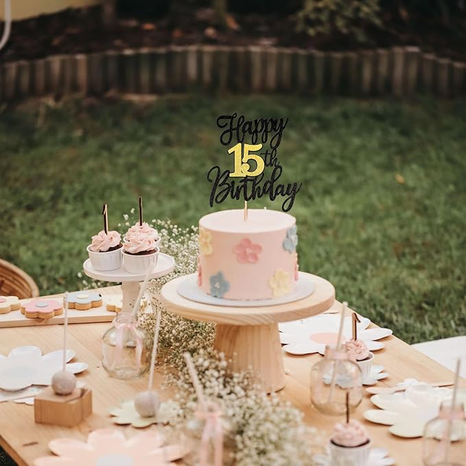 1 PCS Happy 15th Birthday Cake Topper Black Gold Glitter Cheers to 15 Years Birthday Cake Pick 15 Fabulous Cake Decoration for Happy 15th Birthday Anniversary Party Cake Decorations Supplies