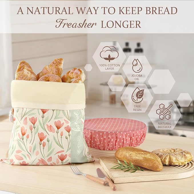 Beeswax Bread Bag and Bowl Cover Set, Reusable Beeswax Bread Bag for Sourdough and Homemade Bread, Natural Lined Cotton Bowl Cover for Dough Proofing, Perfect for Baking and Storage