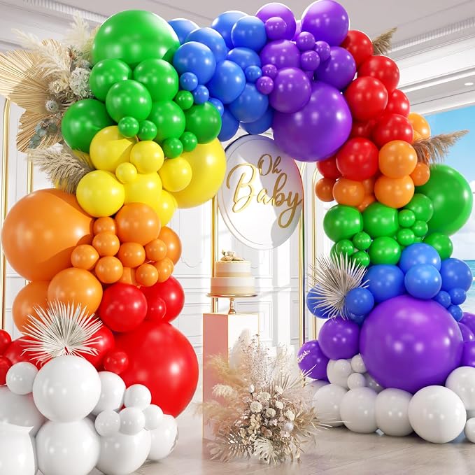 450Pcs Rainbow Balloons Garland Arch Kit - Assorted Colors 18 12 10 5 Inch Different Sizes Colorful Latex Balloon for Baby Shower, Birthday, Gender Reveal, Anniversary, Easter Decorations