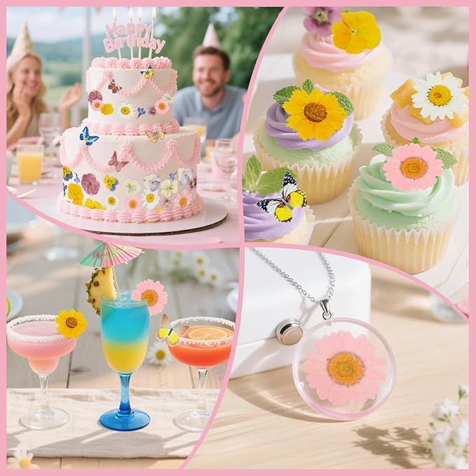 60 PCS Edible Butterfly and Flowers Cake Cupcake Toppers Decoration - Real Flowers & Wafer Butterfly for Wedding Themed Party Birthday Cake Decor Hawaiian Flower,Mixed Size Color