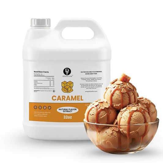 Dolce Flav Natural Caramel Extract – 8 Ounce Water-Soluble Kosher, Sugar-Free, Concentrated Caramel Flavor for Baking, Coffee & Desserts, Includes Measured Dropper