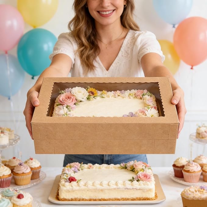 MUMULULU 12PCS Kraft Large Cake Box 16x11x4 Inch Rectangular Cake Box with Window Disposable Bakery Boxes for Donuts Cookies Cupcakes Pastry Pie Packaging Perfect for Weddings Birthdays and Parties