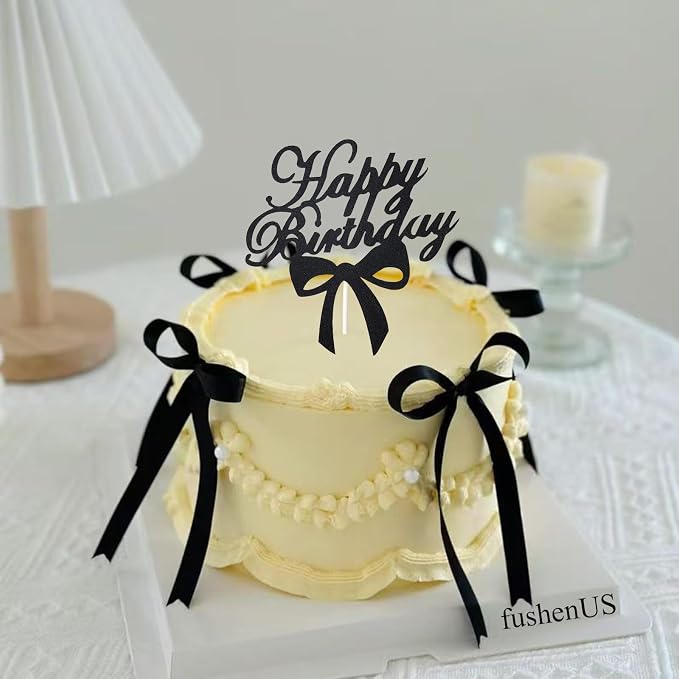 Black Bows for Cake, 12 PCS Black Vintage Ribbon Bow Cake Topper with 1PC Happy Birthday Sign for Coquette Birthday Party Decorations,Happy Birthday Cake Toppers Decorations Accessory for Girls Women.