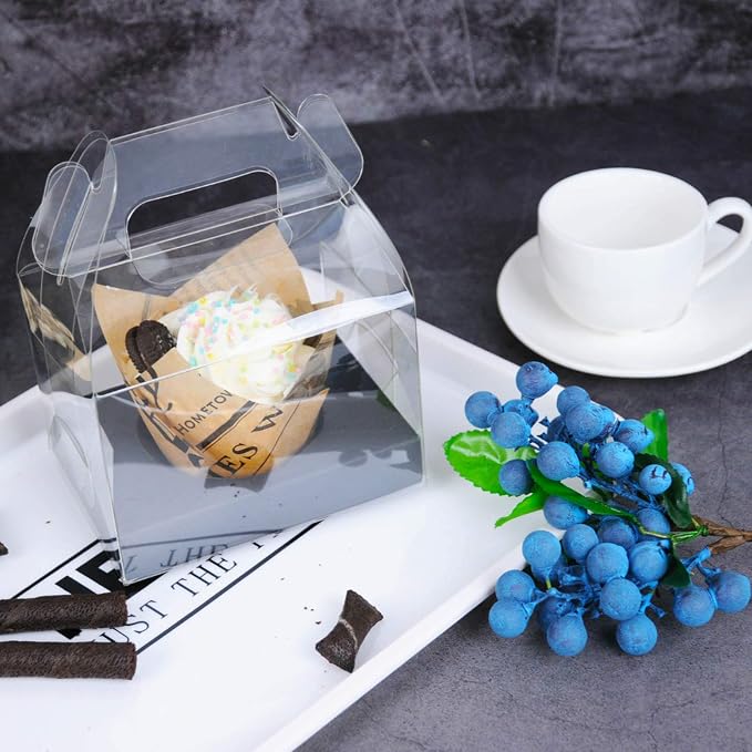 30 PCS Individual Cupcake Containers Single Cupcake Boxes with Handle and Inserts Clear Plastic Favor Boxes