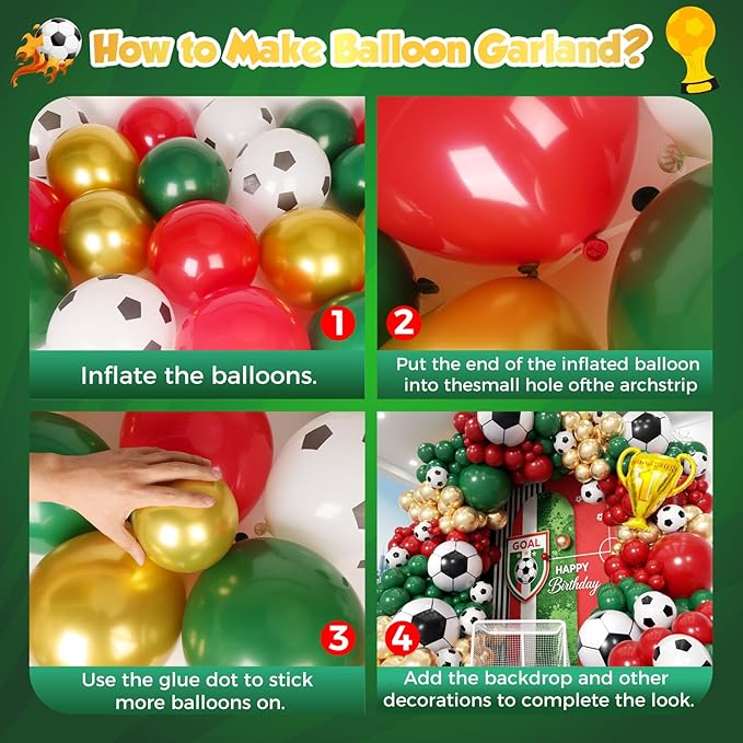 Soccer Party Decorations 160Pcs, World Soccer Balloon Garland Arch Kit with 18'' Football Foil Balloons, Green and Red Football Print Balloons for Boys Sports Fan Birthday Soccer Party Decor