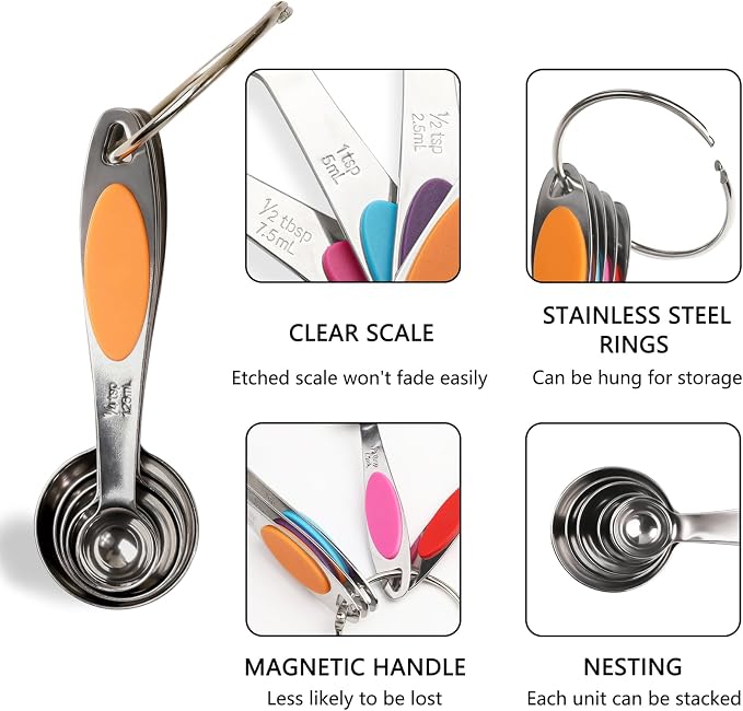 Magnetic Measuring Spoons Set Stainless Steel Measuring Spoons,Tablespoon Measuring Spoon for Dry and Liquid Ingredients (5, Colorful)