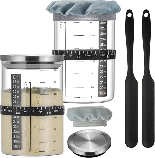 Wissy&Konny Sourdough Starter Jar,2PACK 35OZ Wide Mouth with Ounce Scale line,Date Marked Feeding Band, Thermometer, Sourdough Jar Scraper, Cloth Cover & Stainless Steel Lid Sourdough Starter Kit
