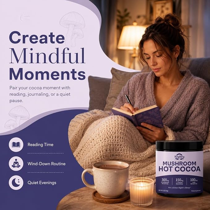 Suiyilary 10 Mushroom Hot Cocoa for Sleep, Sugar Free Keto Cocoa Powder, Nighttime Drink,100mg Magnesium Glycinate, 100mg GABA, 150mg L-Theanine, Help Fall Asleep and Stay Asleep, 15 Servings