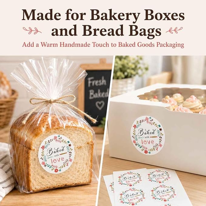 Baked with Love Stickers for Bakery Packaging: Matte Paper Floral Round Labels for Homemade Cookies Bread Cupcakes Treat Bags Small Business Packaging 120 Count 1.6 Inch